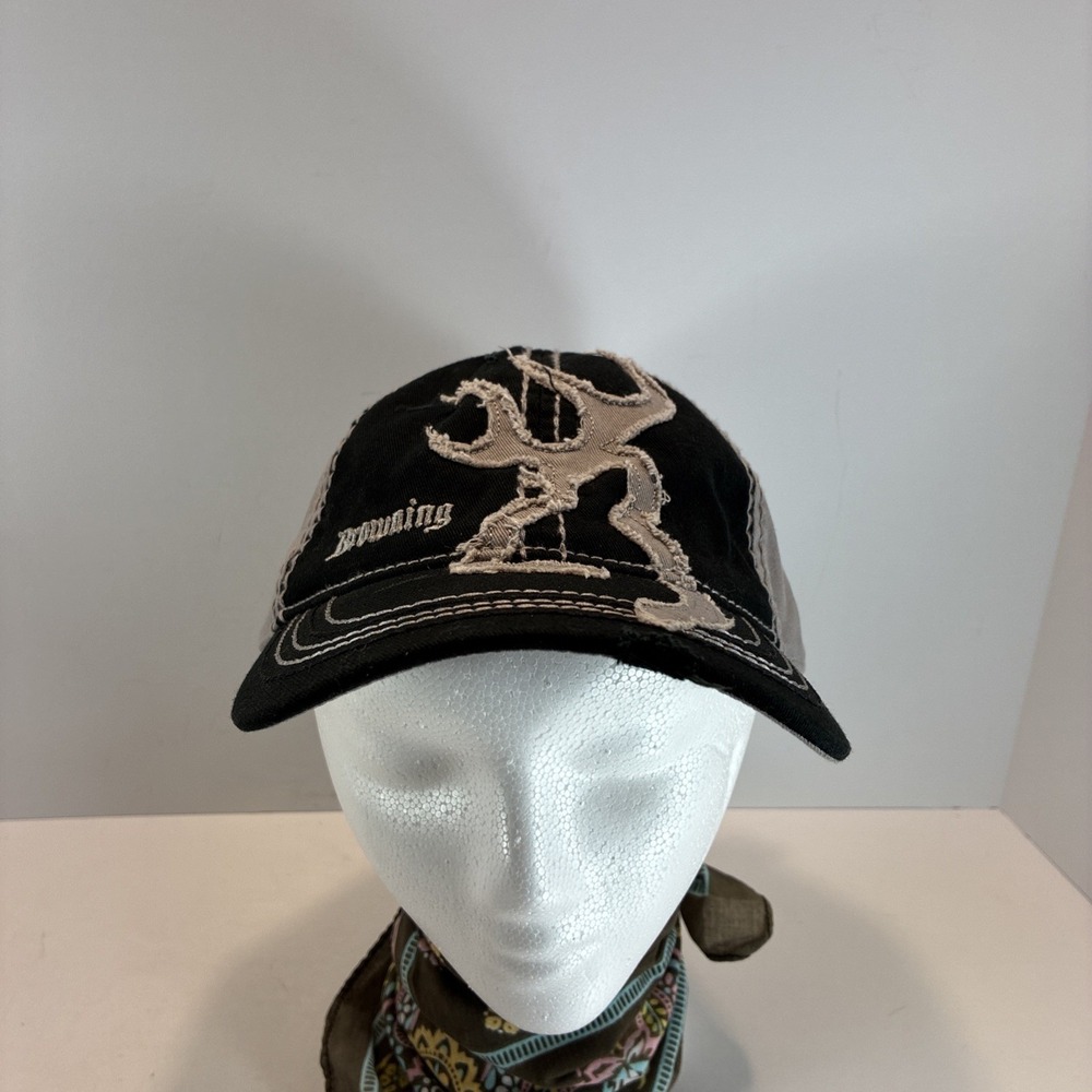 NWT Browning Hat Baseball Cap Adjustable One Size Distress Black Gray Buck Logo